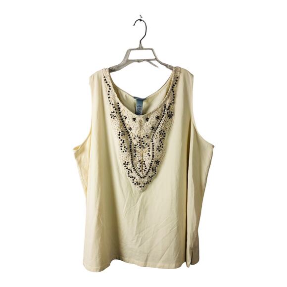 3846 Catherine's Beige Sleeveless Shirt Top Tank Crotchet Studded Trim US 26 28 - Picture 1 of 7